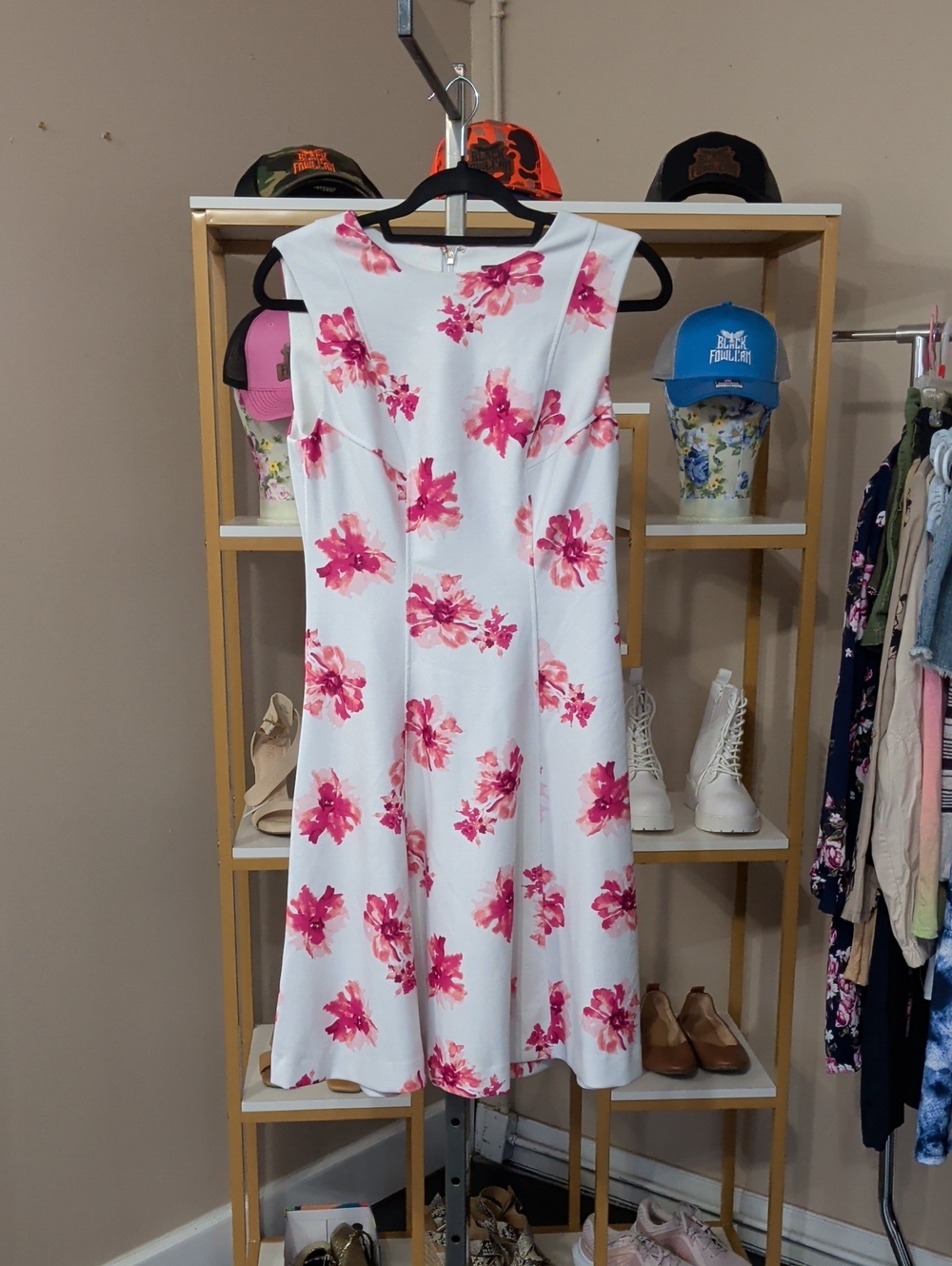Women's White Floral A-Line Dress with Pink Print